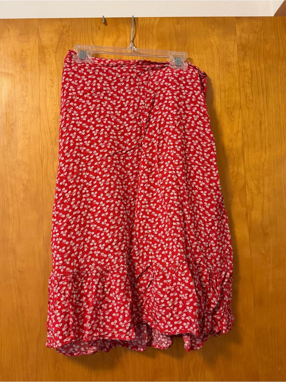 SHEIN Red Floral Ruffle-Hem Midi Skirt